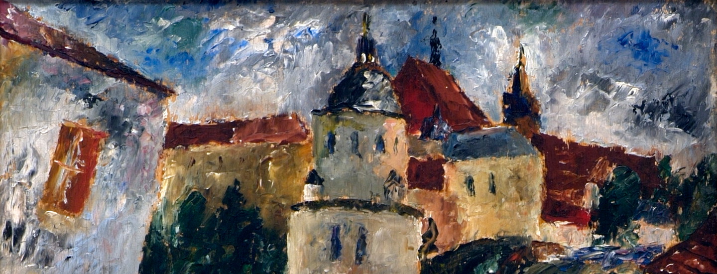 Fragment obrazu Symcha Trachter, Lublin. Stare miasto (na obrazie architektura miasteczka)