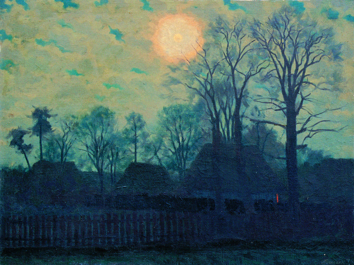 Obraz, Franciszek Frączek, Krajobraz z księżycem (wieś, nocny pejzaż)