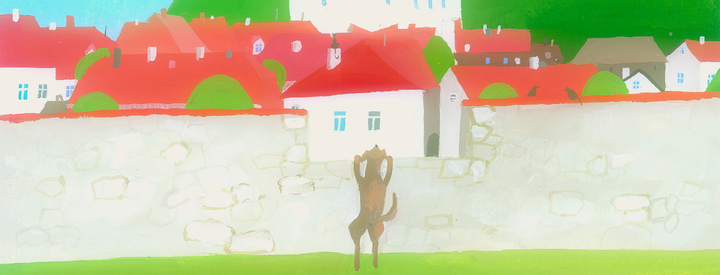 Obraz, pies zaglądający przez mur wokół miasteczka
